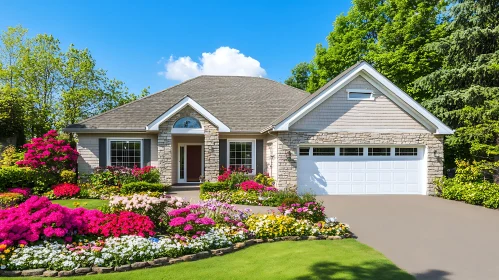 Beautiful Home Exterior with Flower Garden