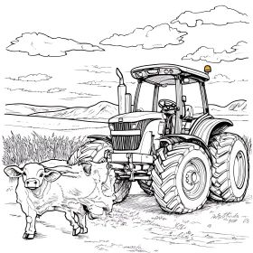 Farm Scene with Cow and Tractor