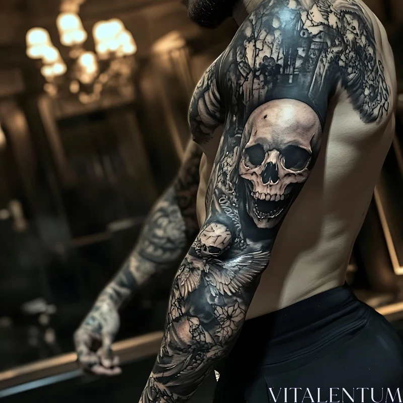 Detailed Skull and Graveyard Tattoo Sleeve AI Image