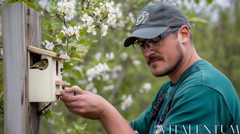 Birdhouse Caretaker with Bird and Flowers AI Image