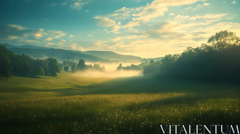 Misty Meadow at Sunrise AI Image