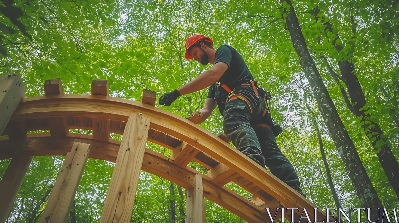 Arboreal Architecture: Man Constructing in Woods AI Image