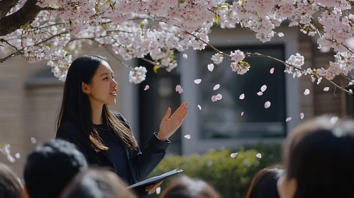 Woman Speaking Under Cherry Blossoms