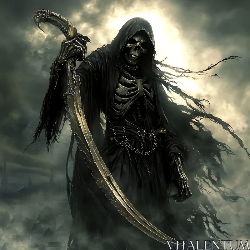 AI ART Hooded Skeleton Holding a Curved Blade