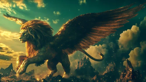 Golden Winged Lion on Mountain Peak