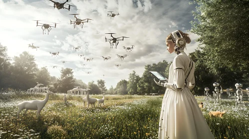 Robot Woman in Field of Drones