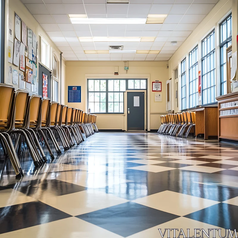 AI ART Symmetrical Hallway with Chairs and Checkered Floor