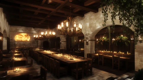 Rustic Restaurant with Chandeliers and Candles