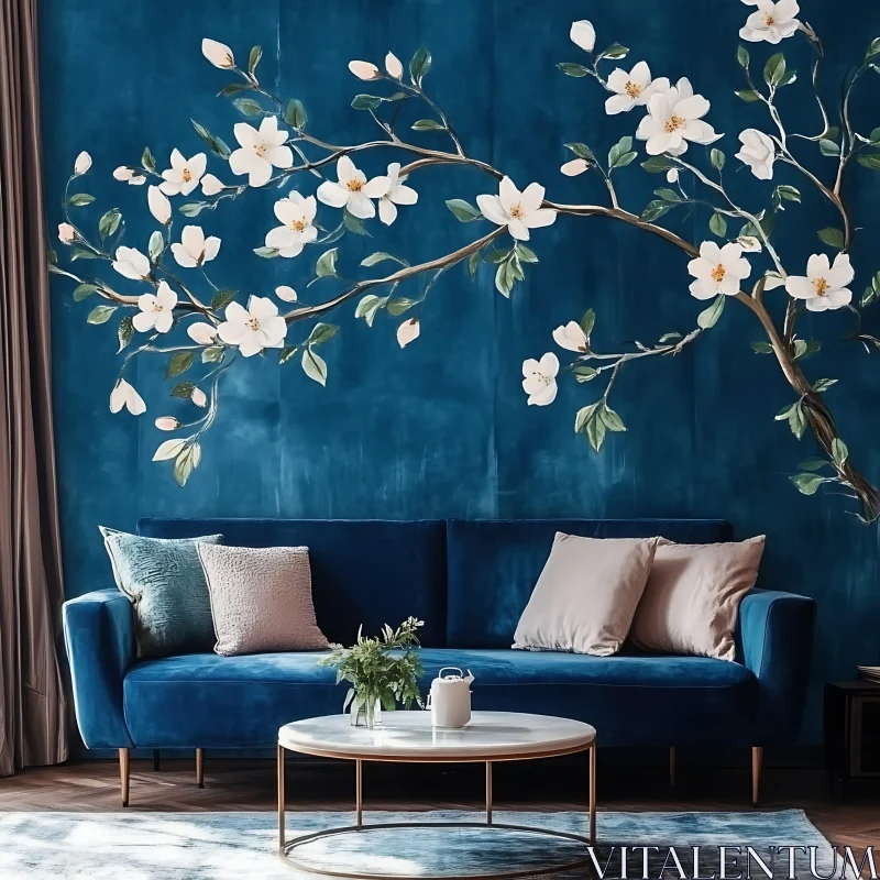 Blue Sofa with White Floral Accent Wall AI Image