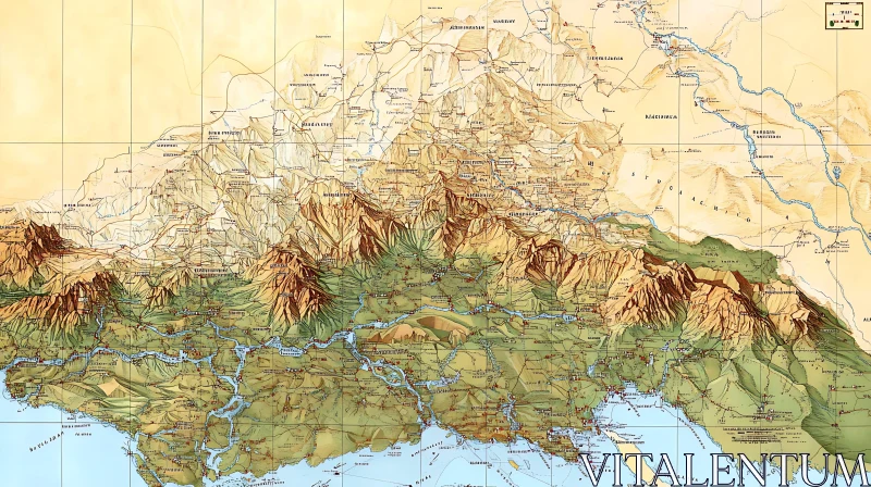 AI ART Relief Map Illustrating Mountain and River Features