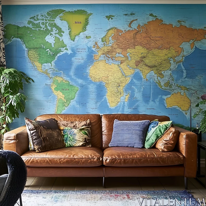 AI ART Brown Sofa with World Map Backdrop