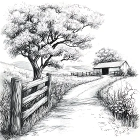 Monochrome Countryside Barn Scene