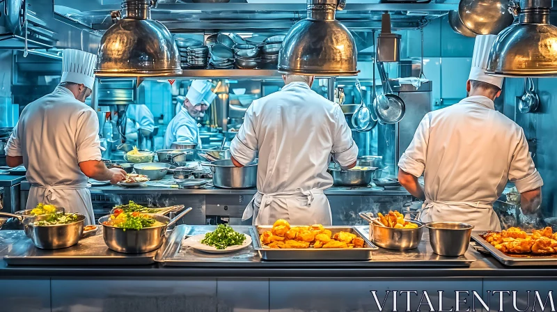 Culinary Art in a Bustling Restaurant Kitchen AI Image