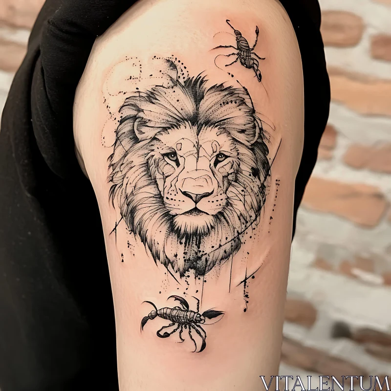 Black and White Lion with Scorpions Tattoo AI Image