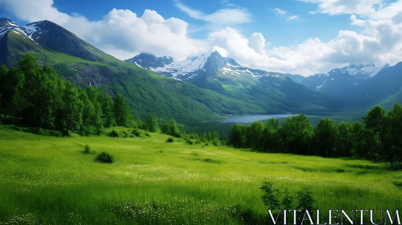 Lush Green Field and Snowy Mountains AI Image