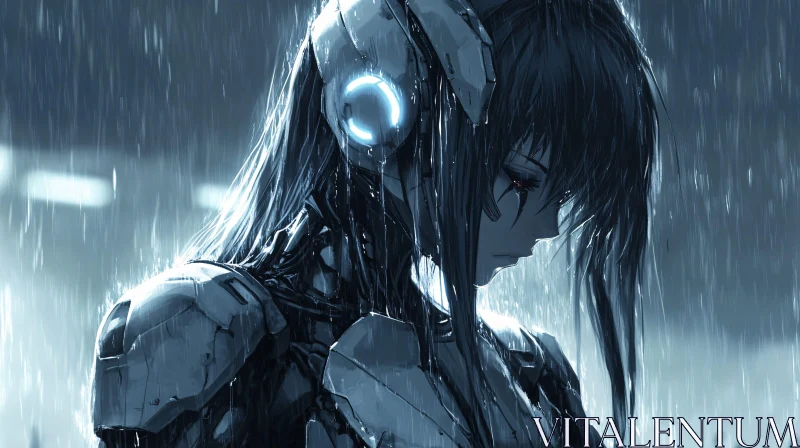 Somber Cyborg in Downpour AI Image