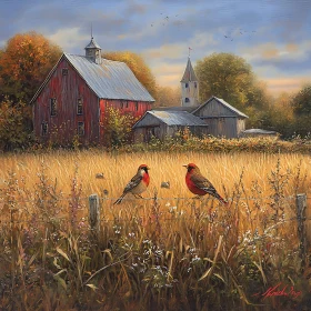 Birds on Fence with Red Barn