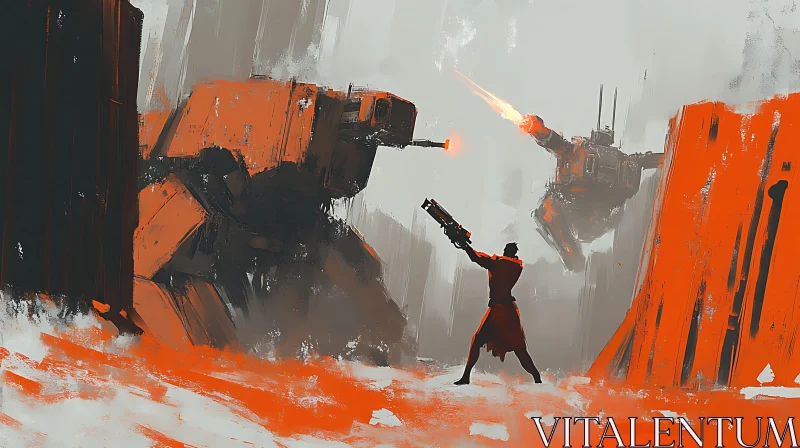 AI ART Sci-Fi Warrior Fighting Robots Painting