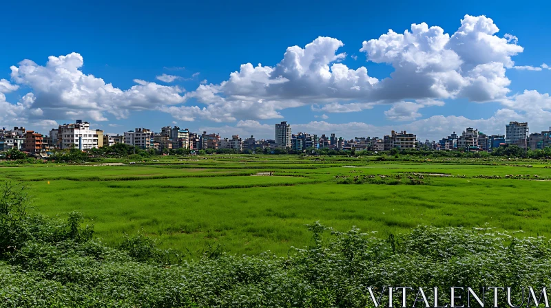 Urban Edge: Green Field and City View AI Image