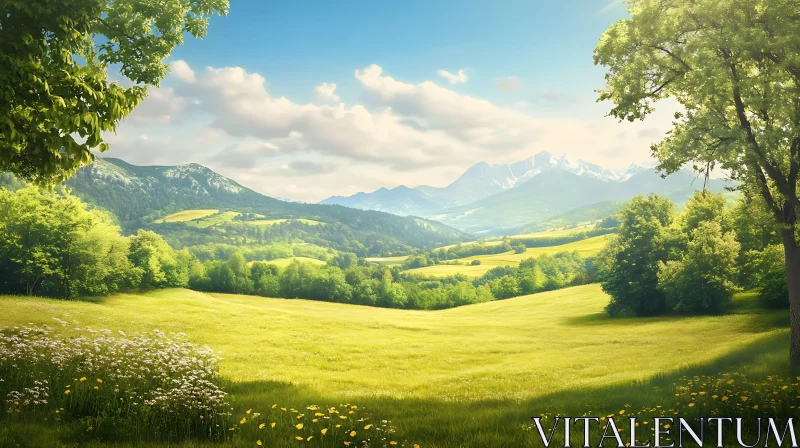 AI ART Scenic Mountain View with Green Meadow