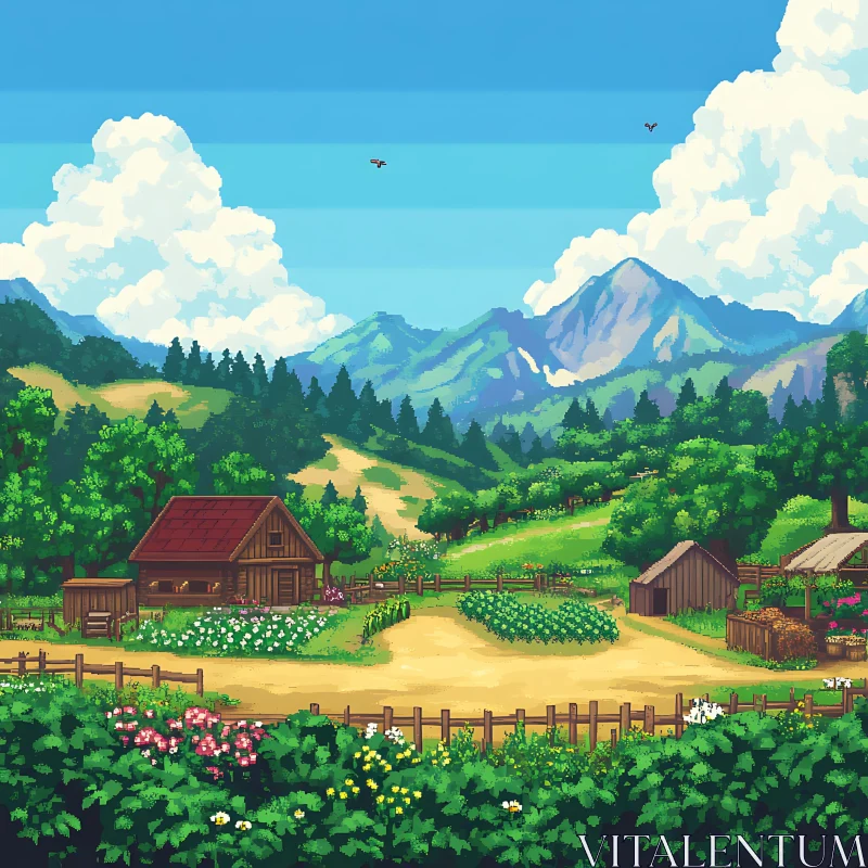 AI ART Scenic Pixel Art Farm in Valley