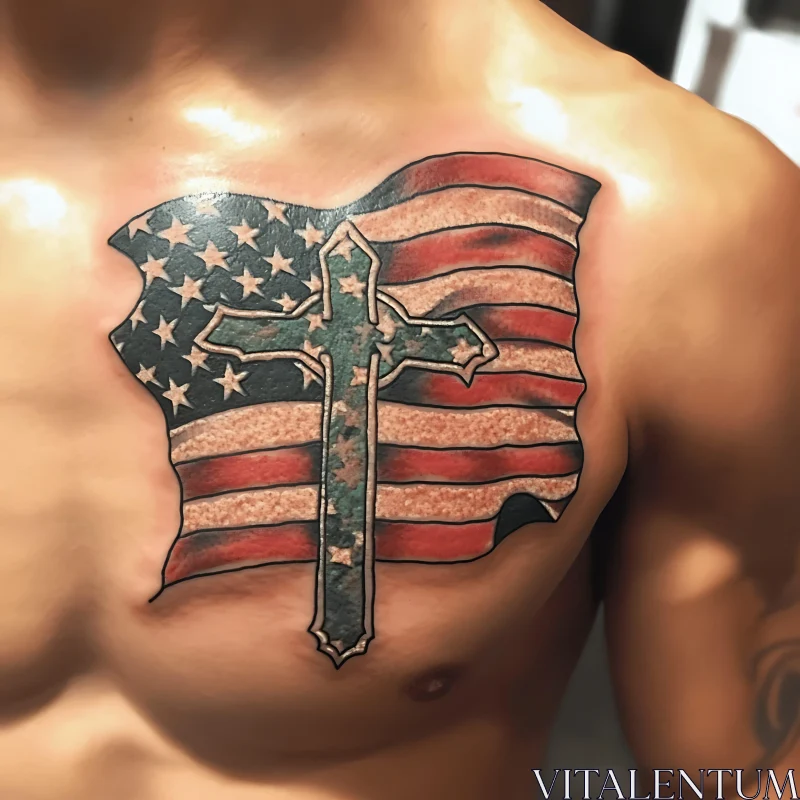 Patriotic Cross and Flag Tattoo AI Image