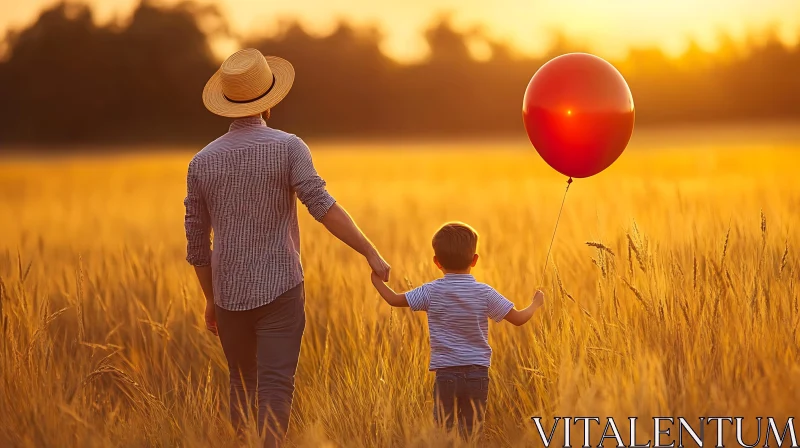 AI ART Golden Field Sunset with Father and Son