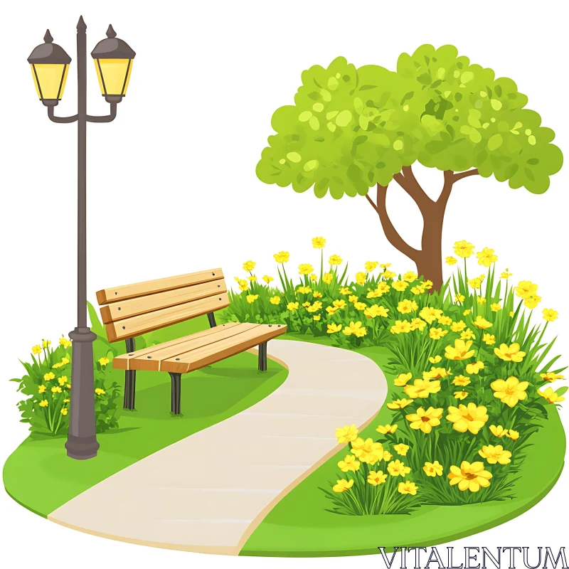 Tranquil Park View with Yellow Flowers AI Image