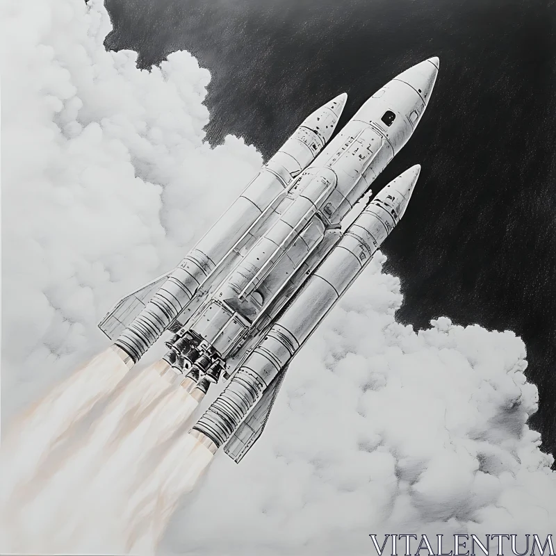 Monochrome Rocket Launch Art AI Image