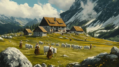 Alpine Village Scene with Cows