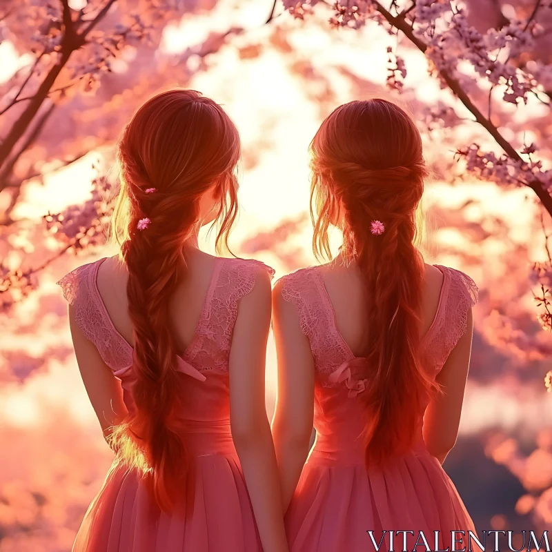 Two Women in a Pink Floral Dream AI Image