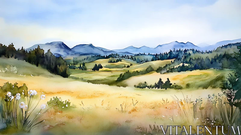 AI ART Scenic Watercolor Meadow and Mountain View