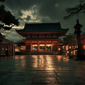 Illuminated Temple Under Cloudy Sky