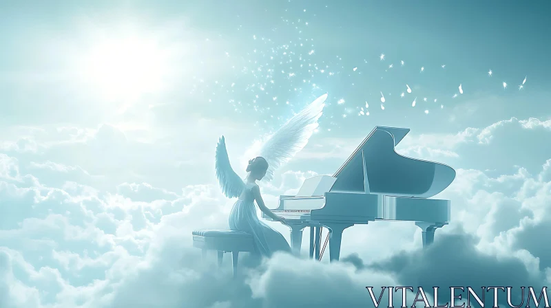 Ethereal Angel's Piano Serenade in the Sky AI Image