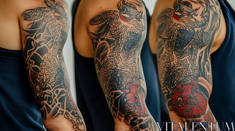 Detailed Dragon Arm Tattoo with Floral Elements AI Image