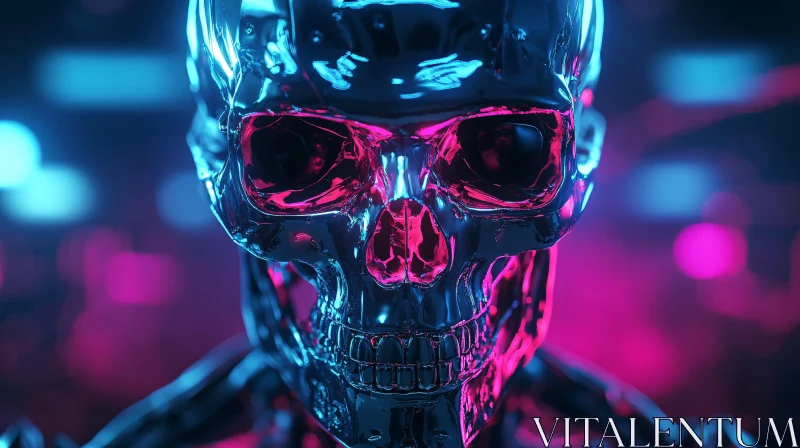 Metallic Skull with Neon Reflections AI Image