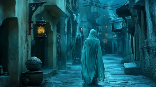 Cloaked Figure in Dimly Lit Street