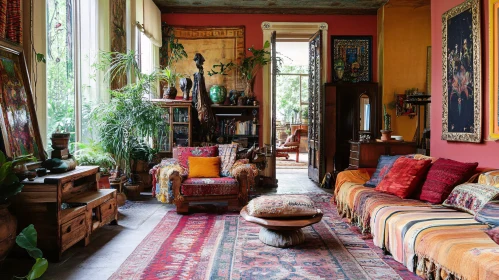 Eclectic Living Room with Colorful Textiles