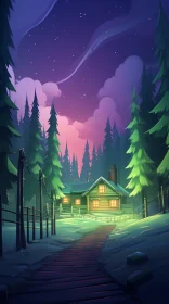 Enchanting Nighttime Illustration of a Snowy Forest Cottage