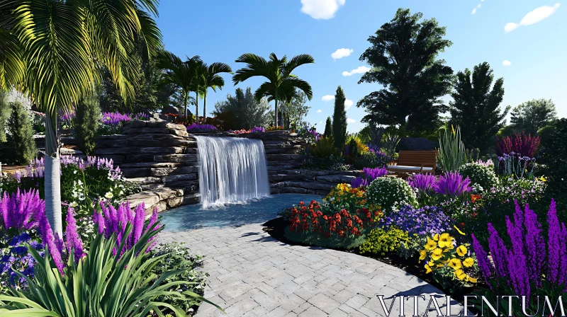 Tranquil Waterfall Garden with Colorful Flora AI Image