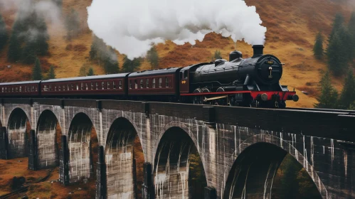 Gothic Steam Train Crossing Bridge in Scottish Landscapes