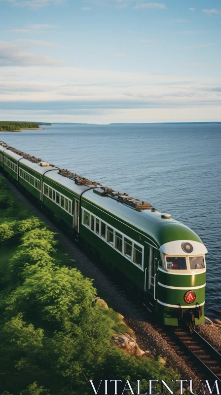 Green Train Traveling Along the Sea Shore | Traditional Transport AI Image