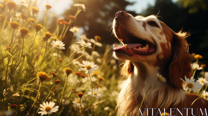Joyful Dog in Daisy Meadow under Golden Light AI Image