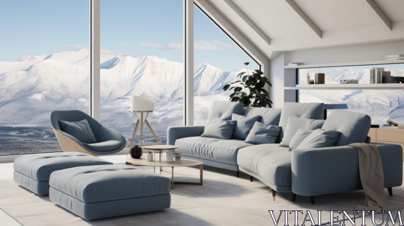 Luxurious Living Room with a Mountainscape View in Minimalist Style AI Image