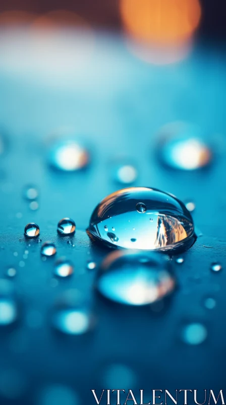 Macro Photography of Water Droplet on Blue Surface AI Image