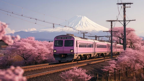Pink Train Traveling Near a Majestic Mountain with Cherry Blossoms