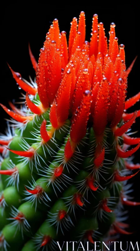 Red Cactus Flower with Water Droplets Against Black Background AI Image