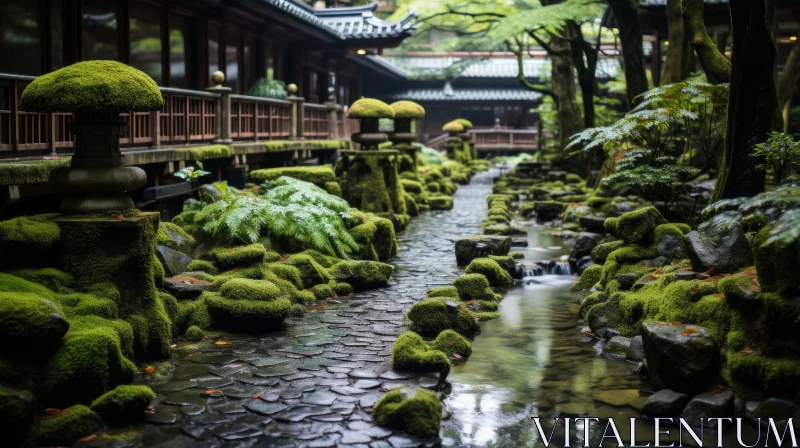 Serene Nature Garden with Zen Buddhism Influence and Luminosity of Water AI Image