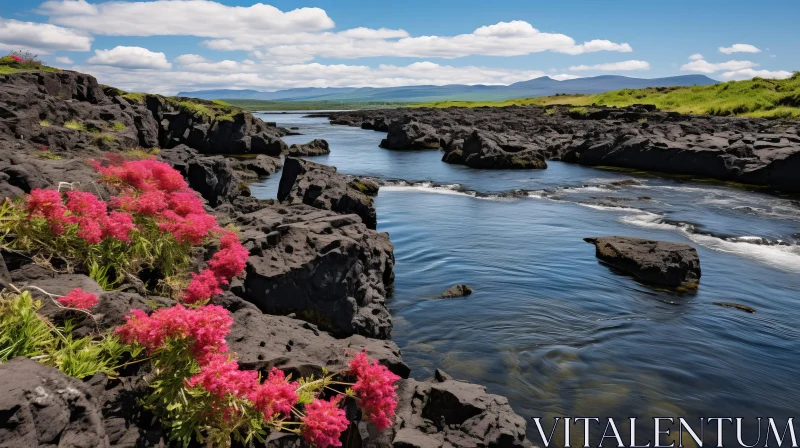 Serene River with Pink Blooms in Iceland | Nature Photography AI Image