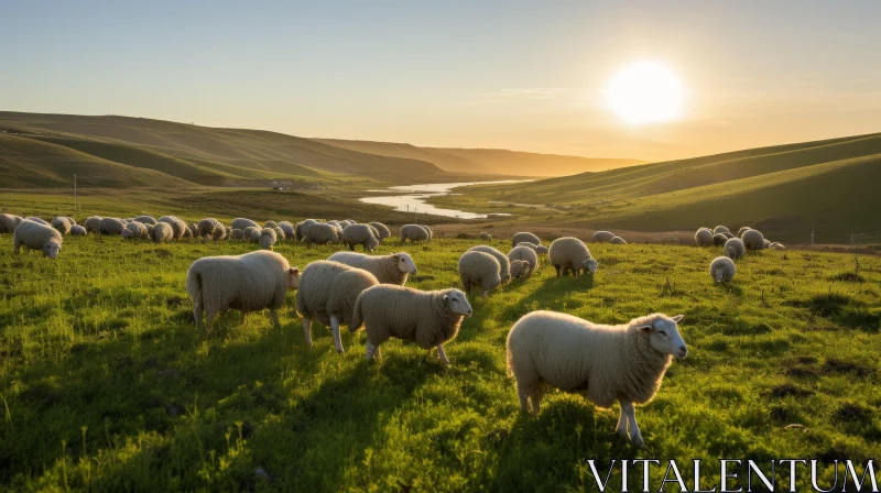 Serene Sheep Grazing in Coastal Field at Sunset AI Image